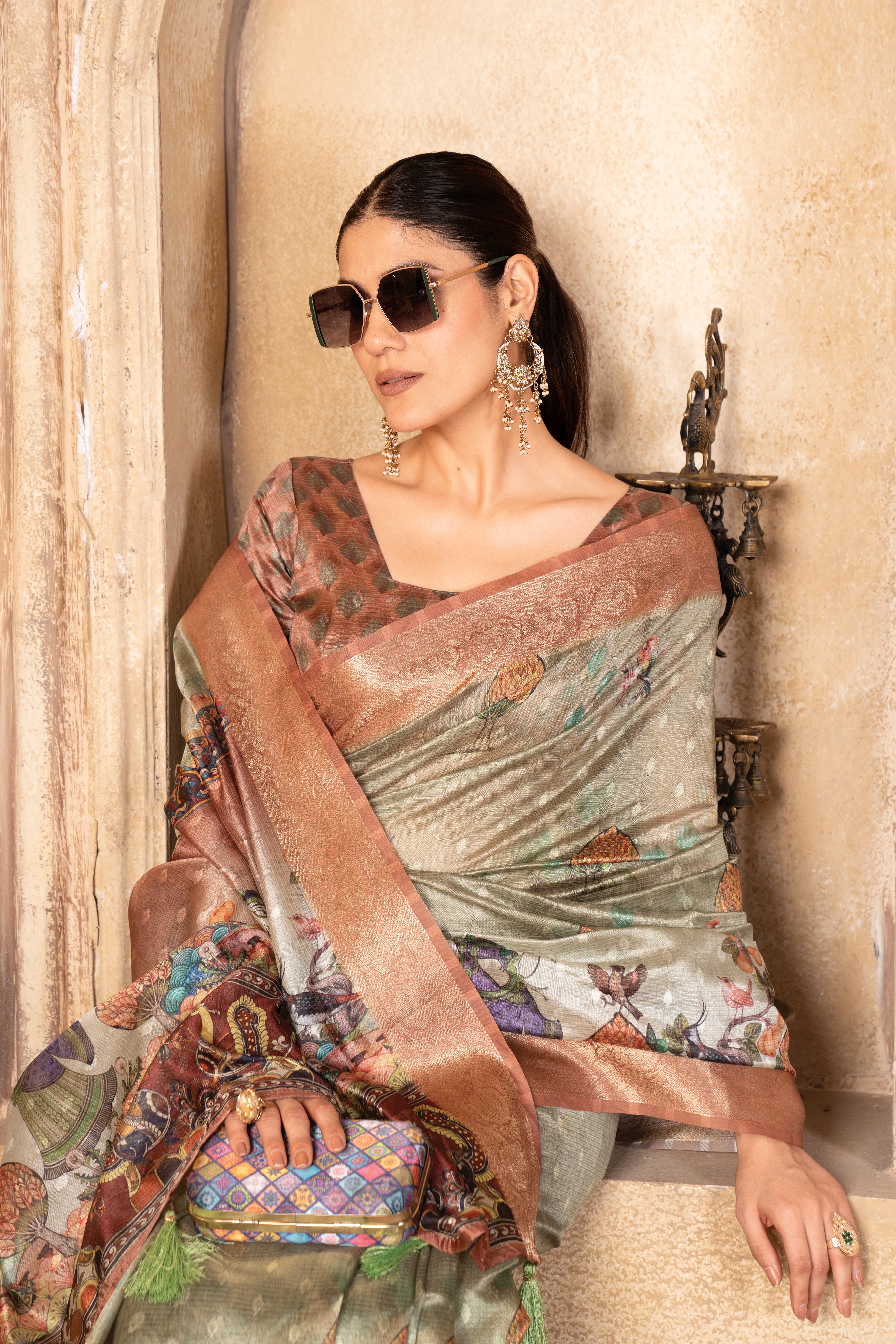 Pista Green Tussar Silk Figure Print Saree